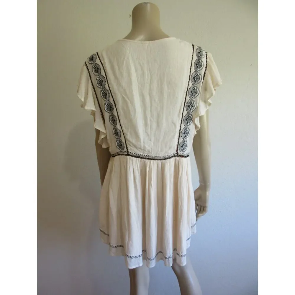 Free People Cream/Black Embroidered M V-Neck Fluttered Sleeve Mini Dress-JB1